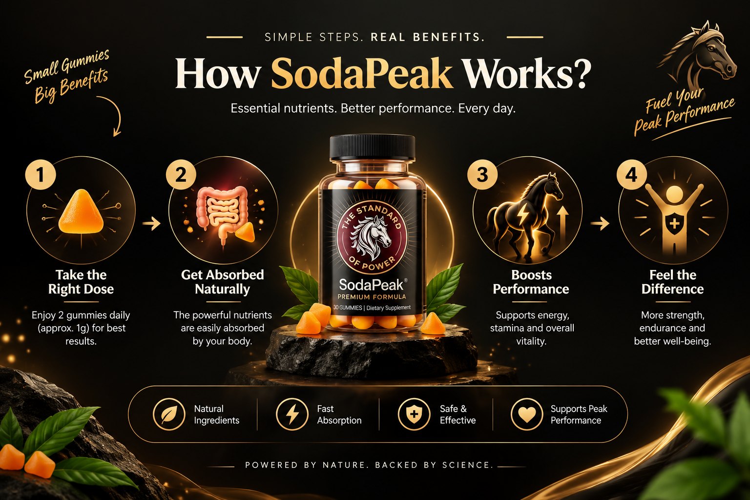 How SodaPeak works: take the right dose, get absorbed, boosts performance, feel the difference